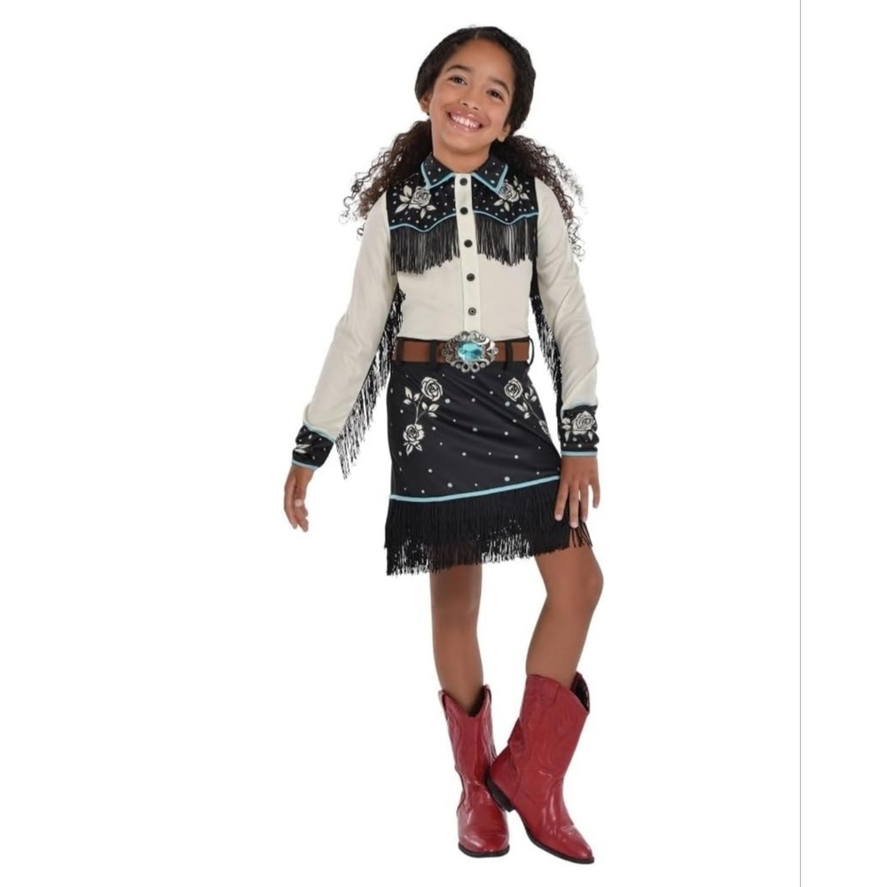 NWT Black and White Halloween Cowgirl Costume with Fringe Size L 12-14